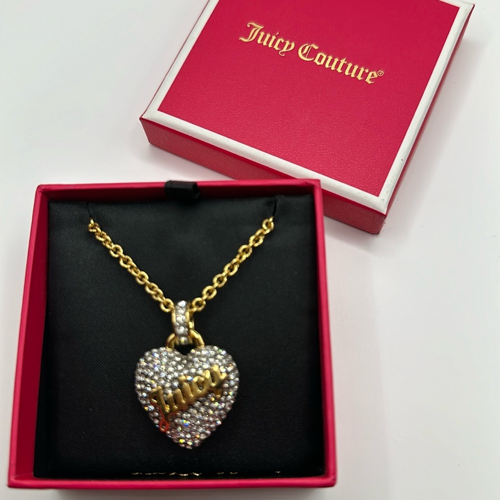 NWT Juicy Couture Pave Heart Pendant Necklace on 32” Gold Chain